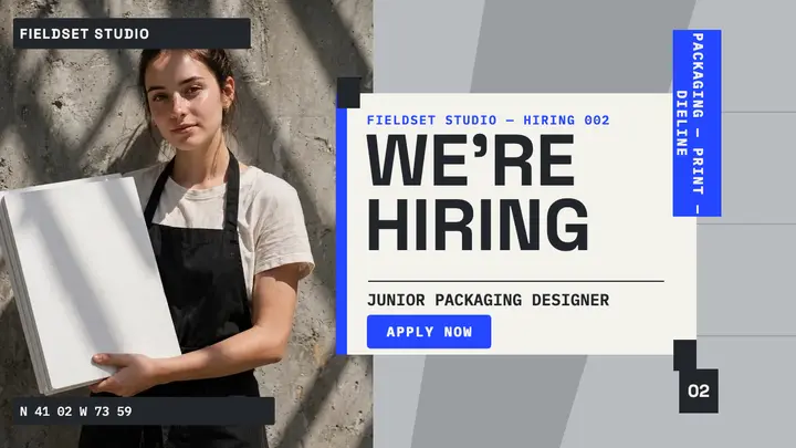 Fieldset Studio junior packaging designer hiring thumbnail template