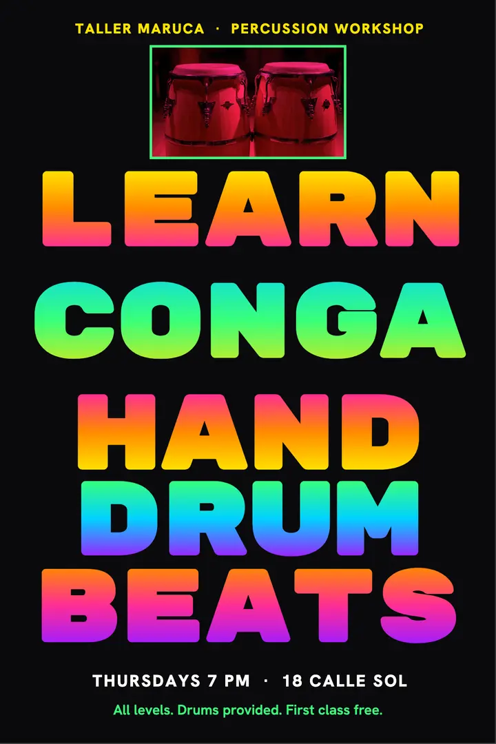 Taller Maruca conga class poster, chicha style: conga drum class poster template