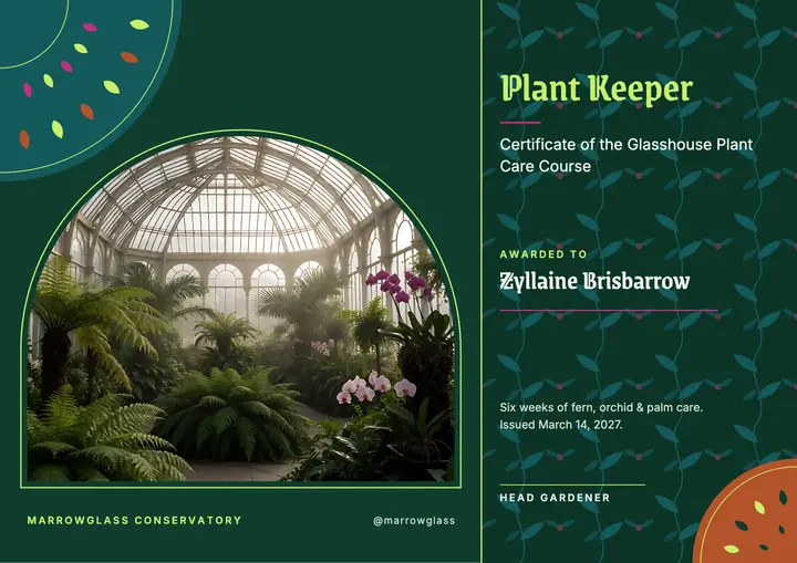 Marrowglass Conservatory plant keeper certificate template