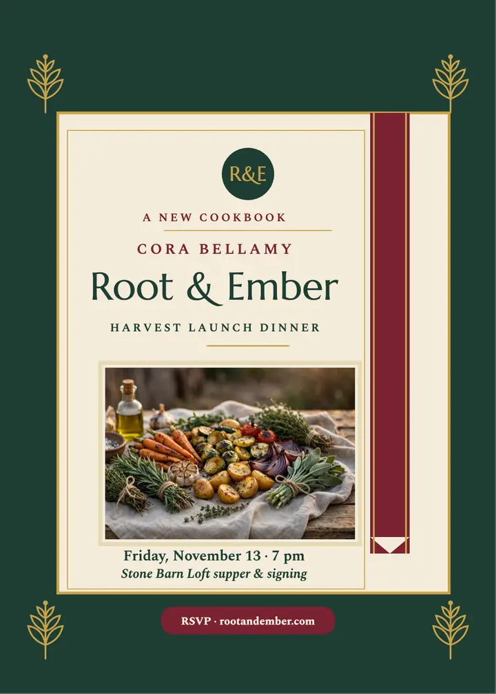 Root and Ember cookbook launch dinner invite template
