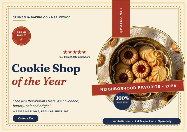 Crumbelia cookie shop gold award card: cookie shop award card template