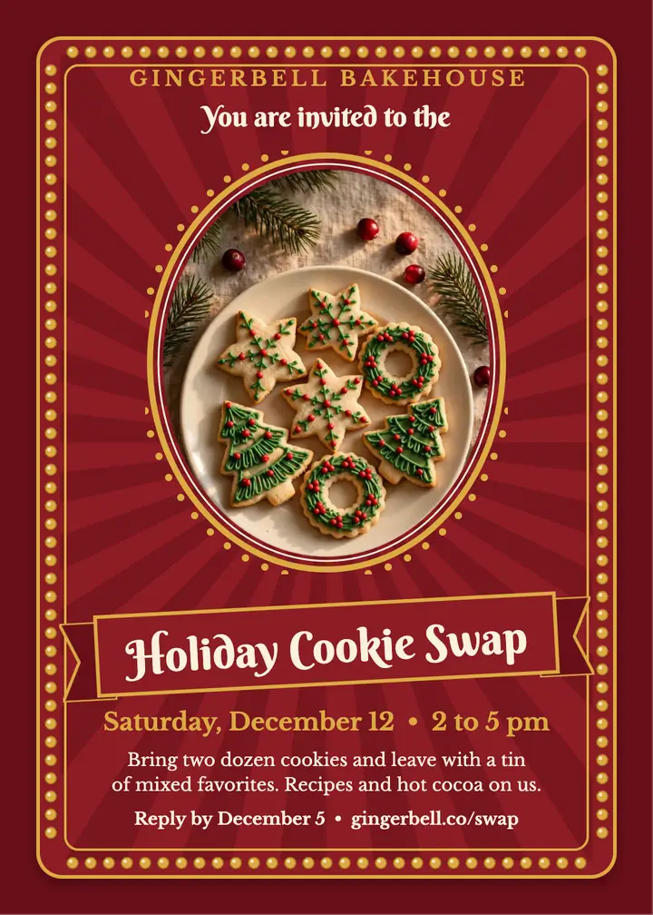Gingerbell holiday cookie swap invitation template
