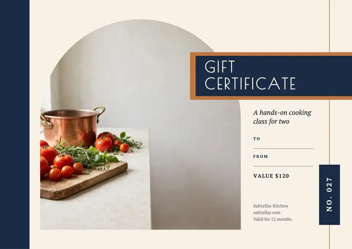 Navy and copper cooking class gift certificate template