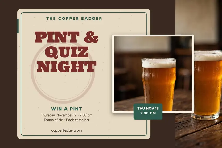 Copper Badger quiz night postcard: pub quiz night postcard template