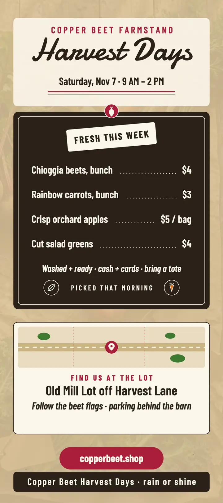 Copper Beet Farmstand harvest days rack card template