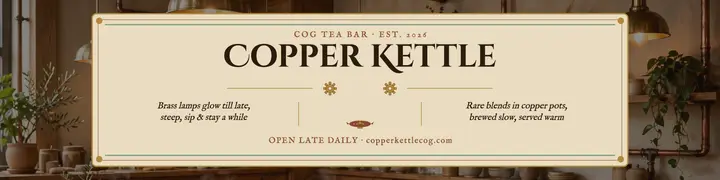 Copper Kettle tea bar steampunk banner template