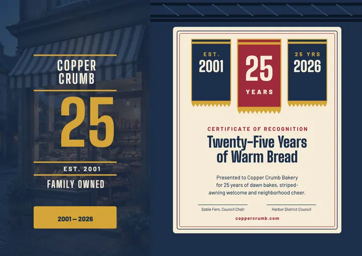 Copper Crumb 25th anniversary rafter certificate template