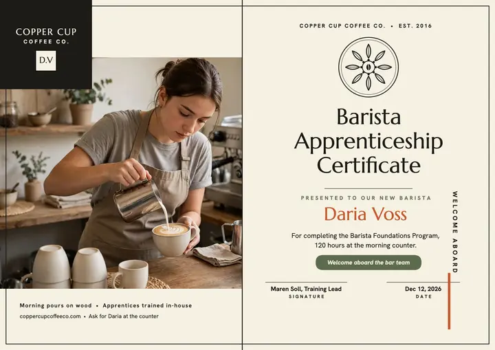 Copper Cup barista apprenticeship certificate template
