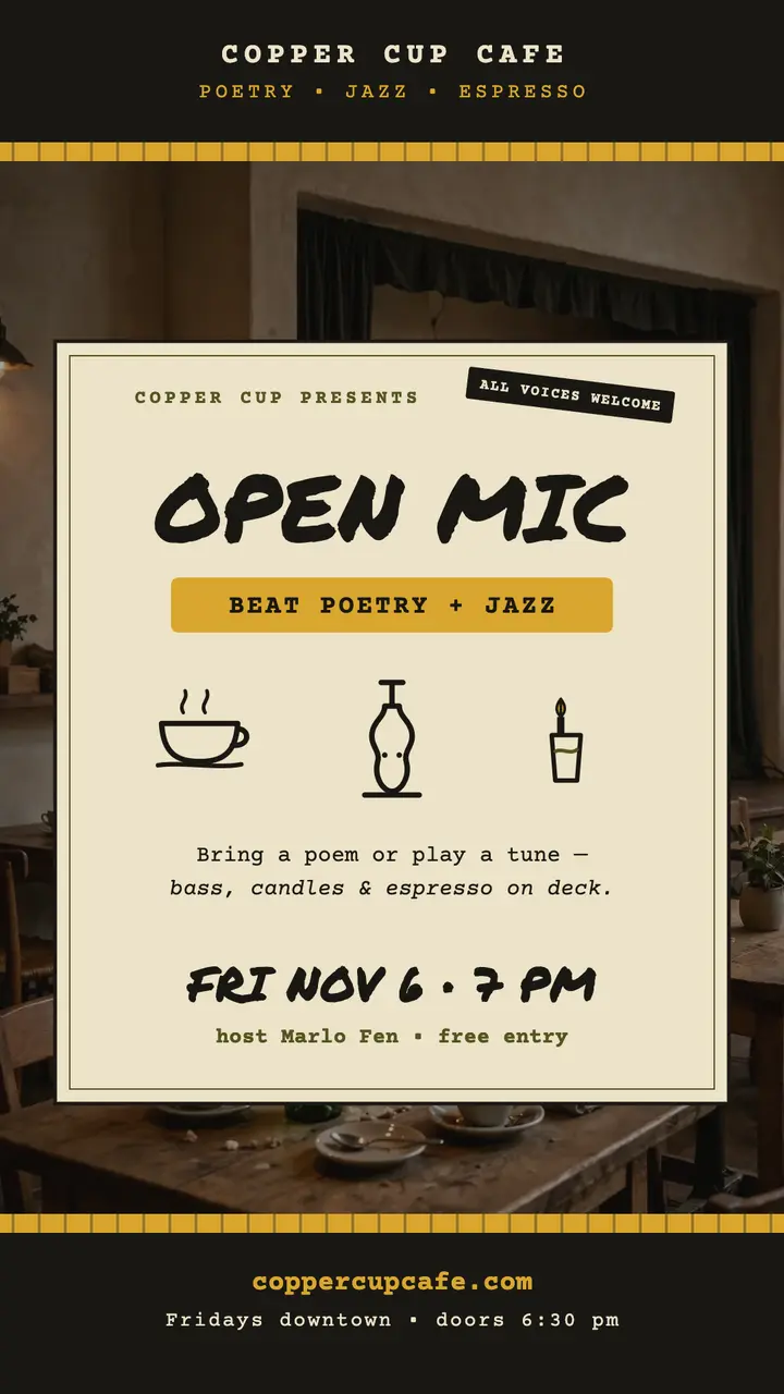Copper Cup open mic beat night story template