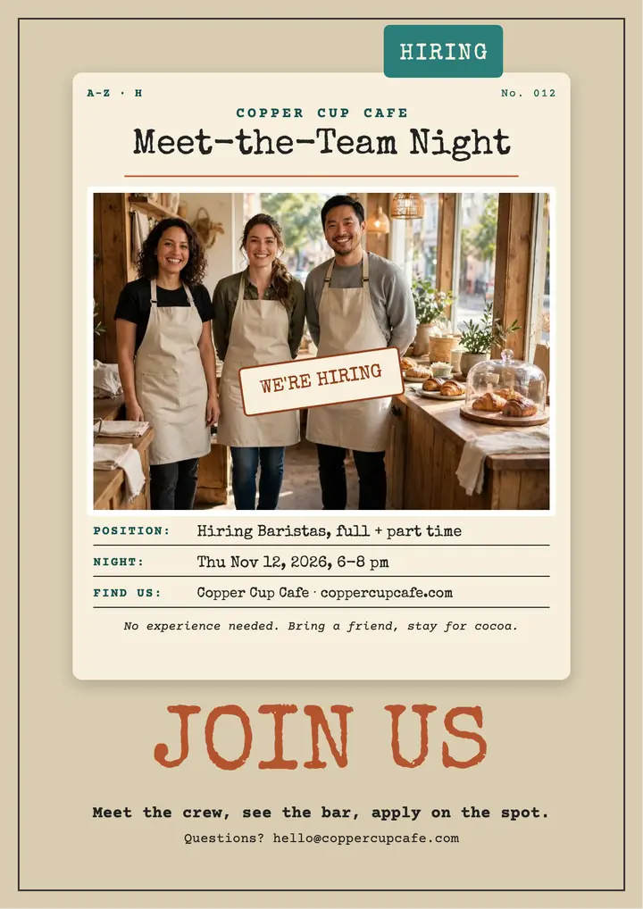 Copper Cup Cafe hiring night rotary card: cafe hiring flyer template