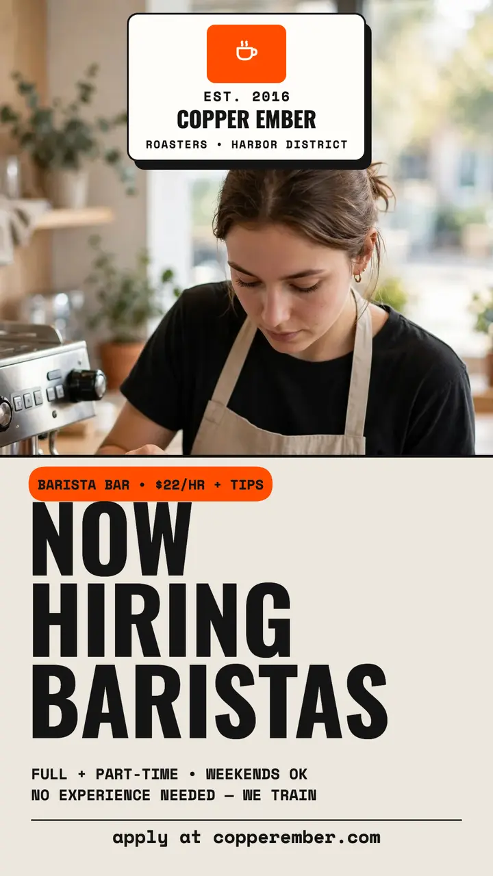 Copper Ember barista hiring story: barista hiring story template