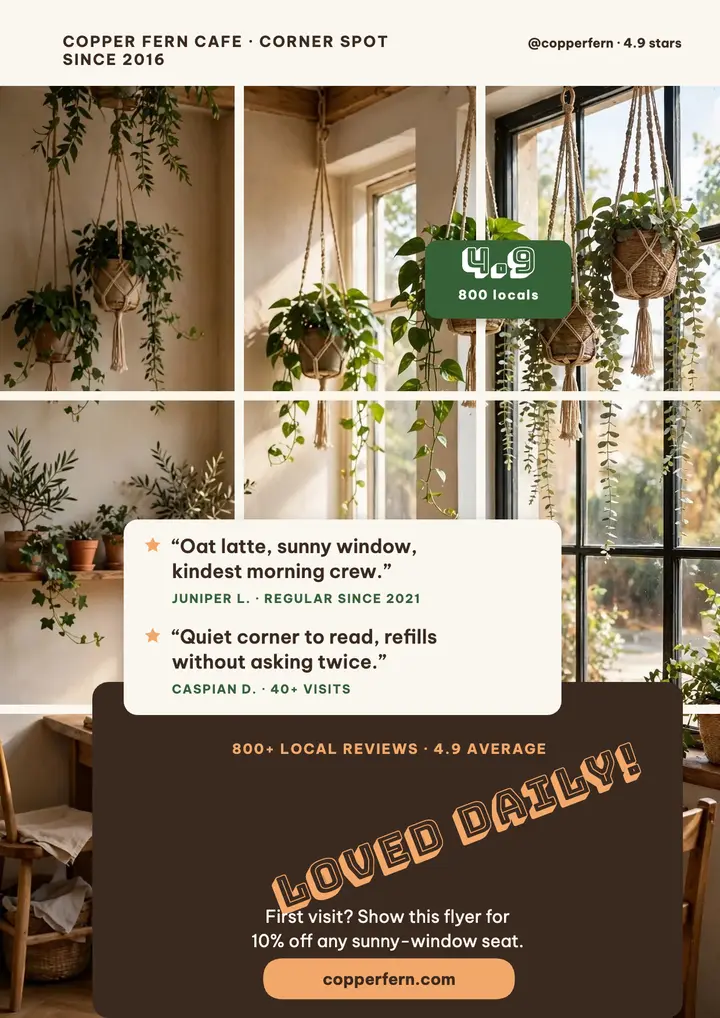 Copper Fern Cafe regulars reviews flyer template