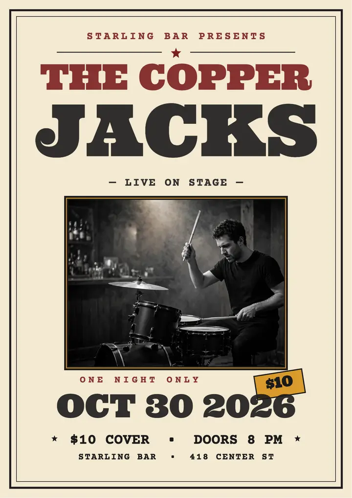Copper Jacks bar gig wood-type flyer template