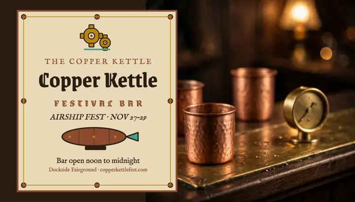 Copper Kettle airship fest bar card: steampunk bar business card template