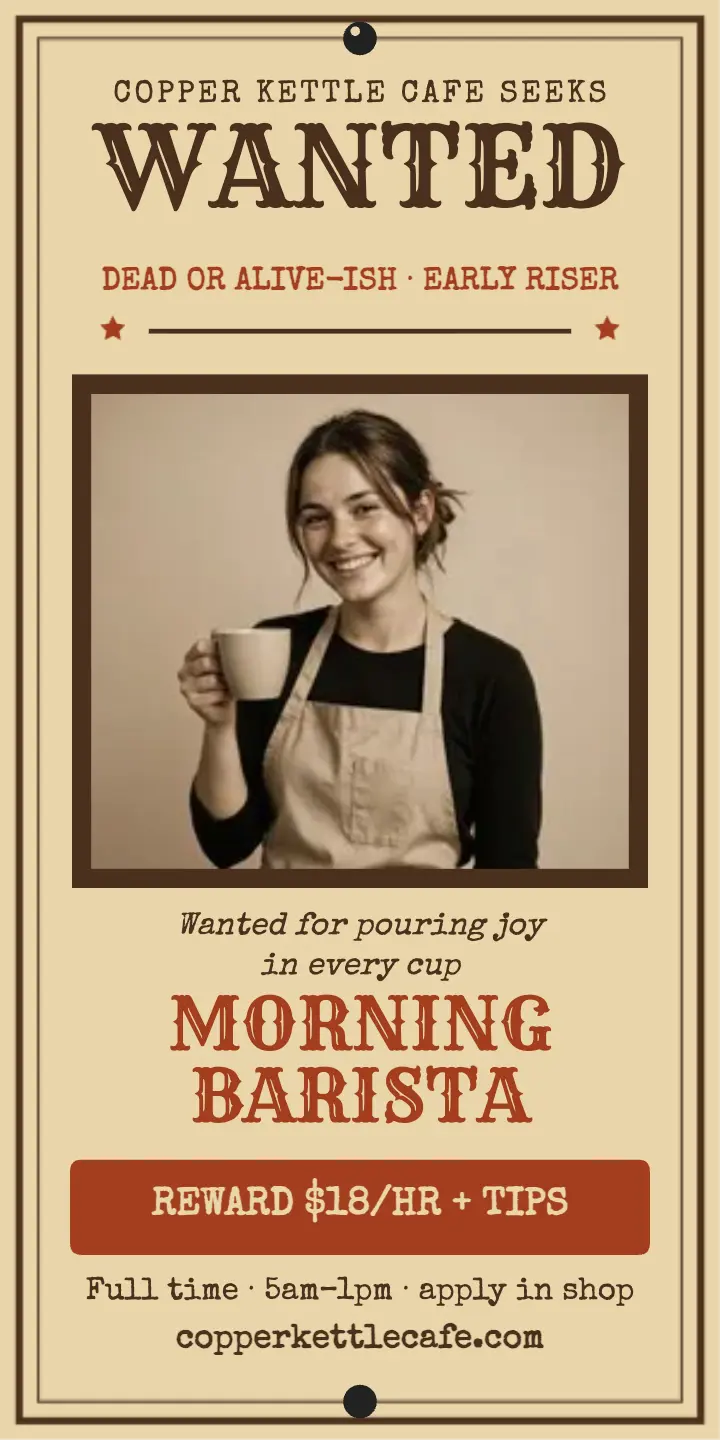 Copper Kettle morning barista wanted ad template