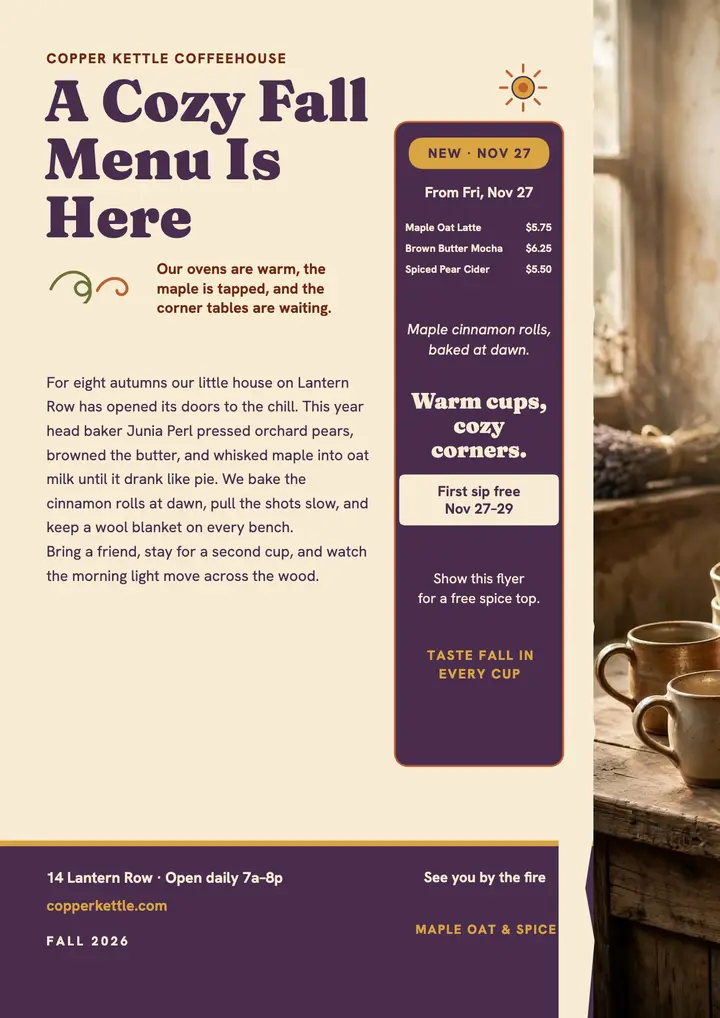 Copper Kettle cozy fall menu flyer template