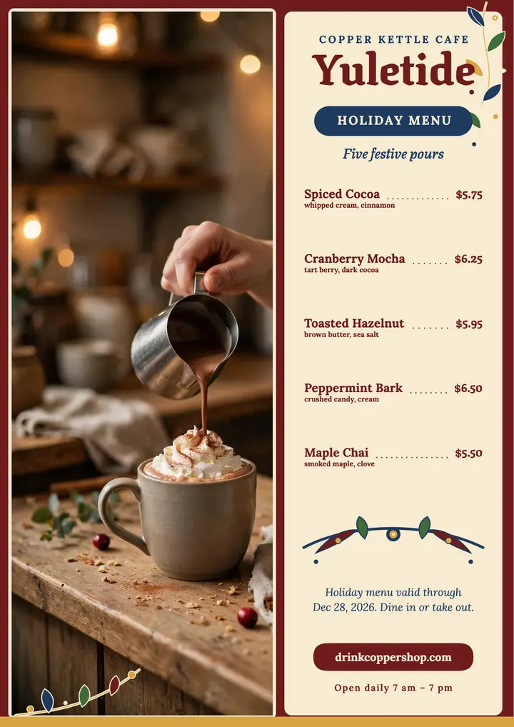 Copper Kettle holiday drink menu flyer template