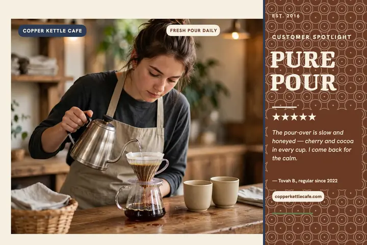 Copper Kettle pour-over review postcard: cafe review postcard template
