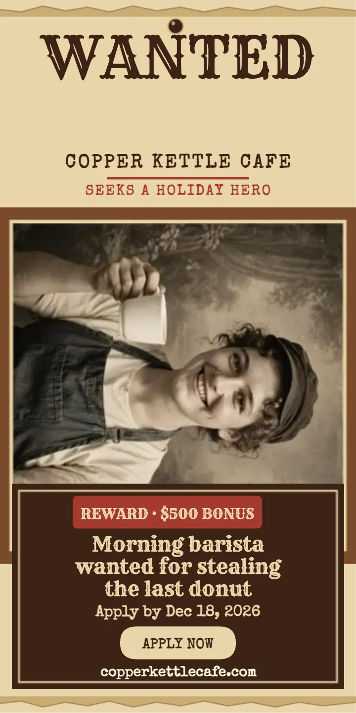 Copper Kettle wanted barista holiday ad template