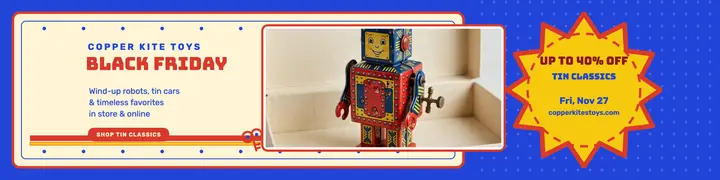 Copper Kite tin robot Black Friday banner: black friday banner template