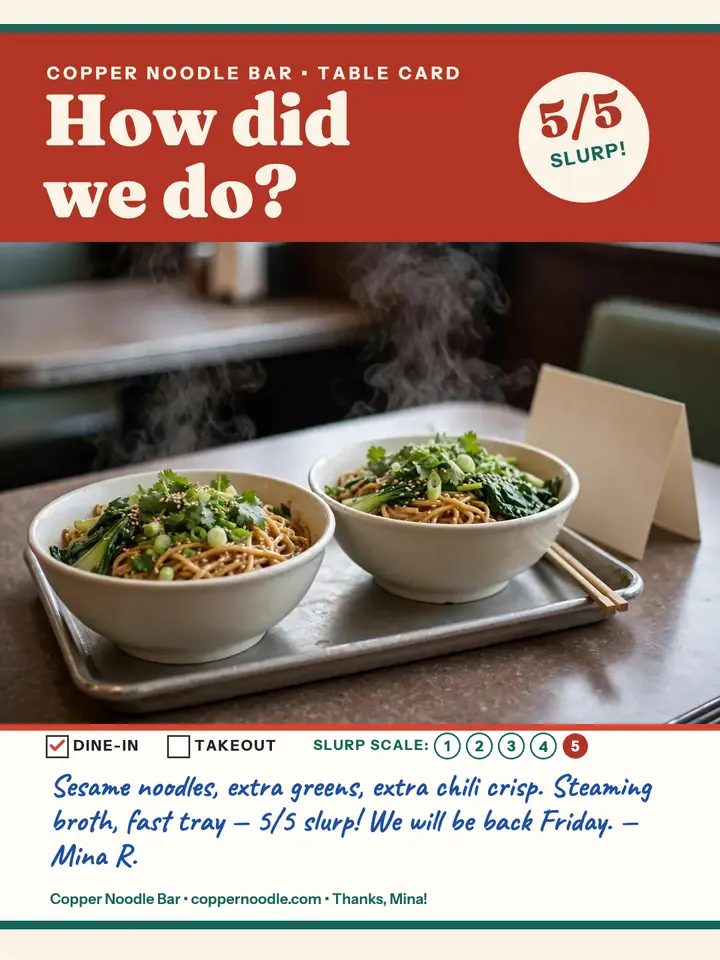 Copper Noodle Bar table comment card template