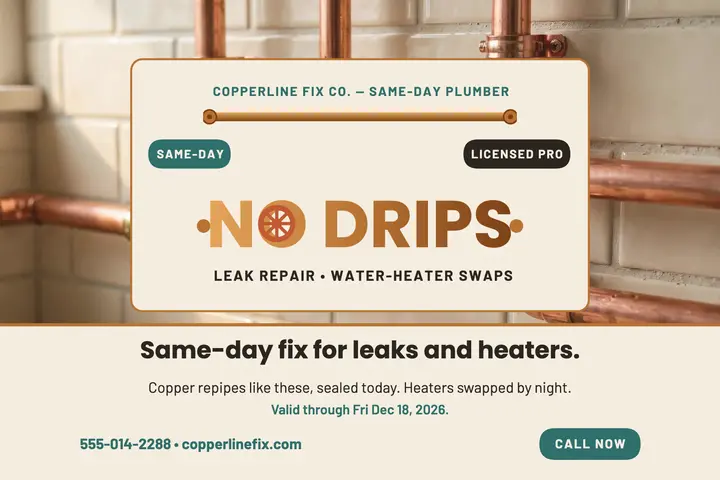 Copperline same-day plumber postcard template