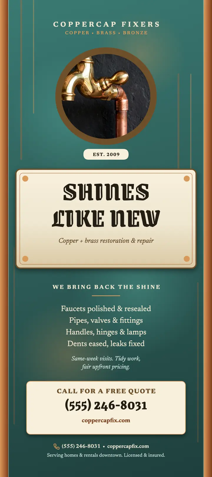 Coppercap Fixers brass restoration rack card template