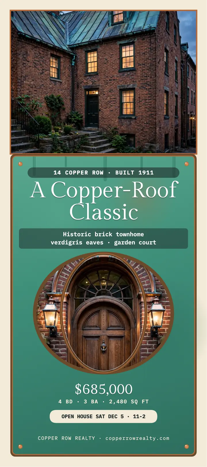 Copper Row historic townhome rack card template
