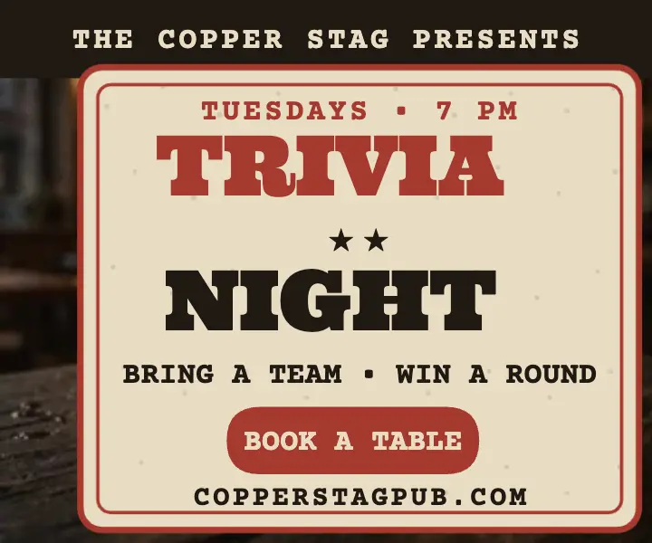 Copper Stag trivia night coaster ad template