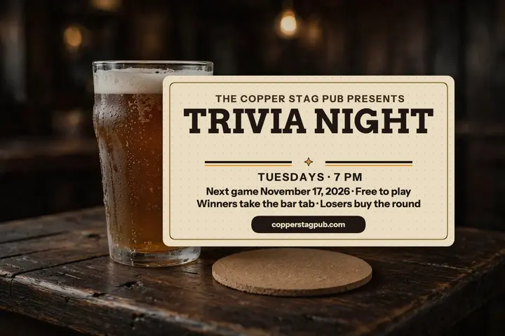Copper Stag trivia night beer-mat postcard template