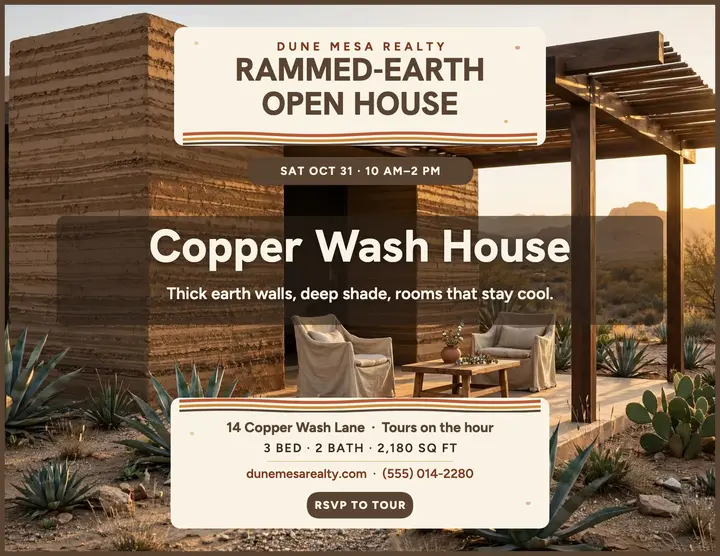 Copper Wash rammed-earth open house flyer template