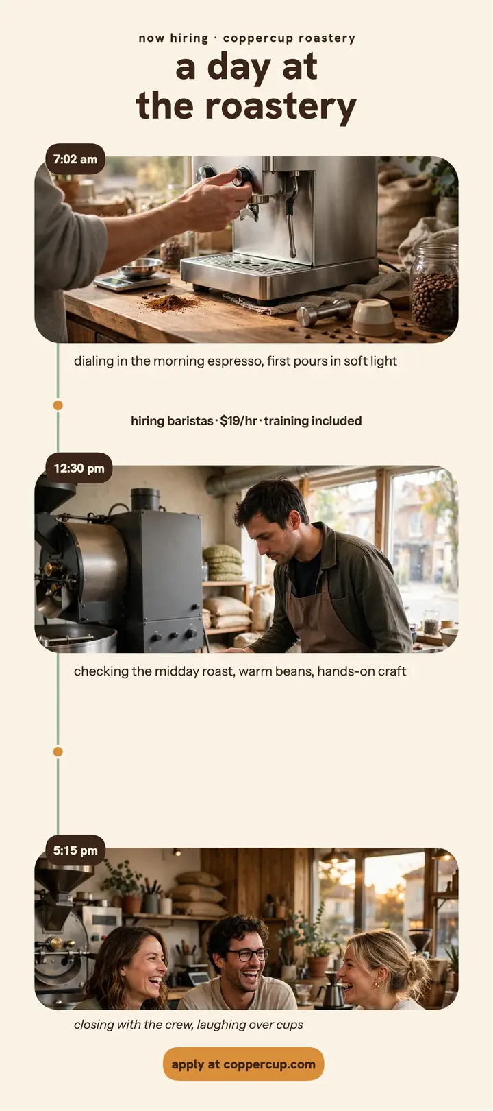 Coppercup day at the roastery rack card: roastery hiring card template