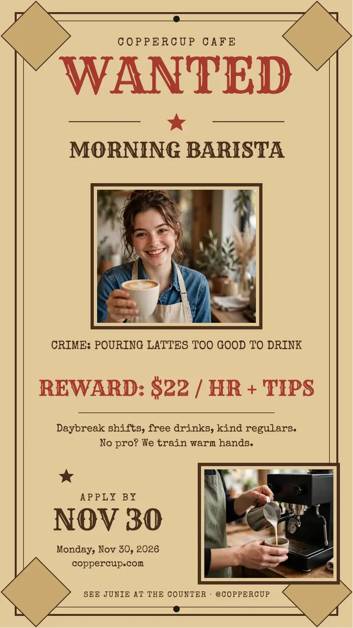 Coppercup morning barista wanted story template