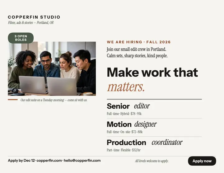 Copperfin Studio editorial hiring flyer: hiring flyer template