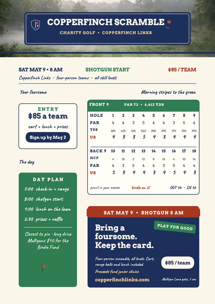 Copperfinch charity scramble scorecard flyer template