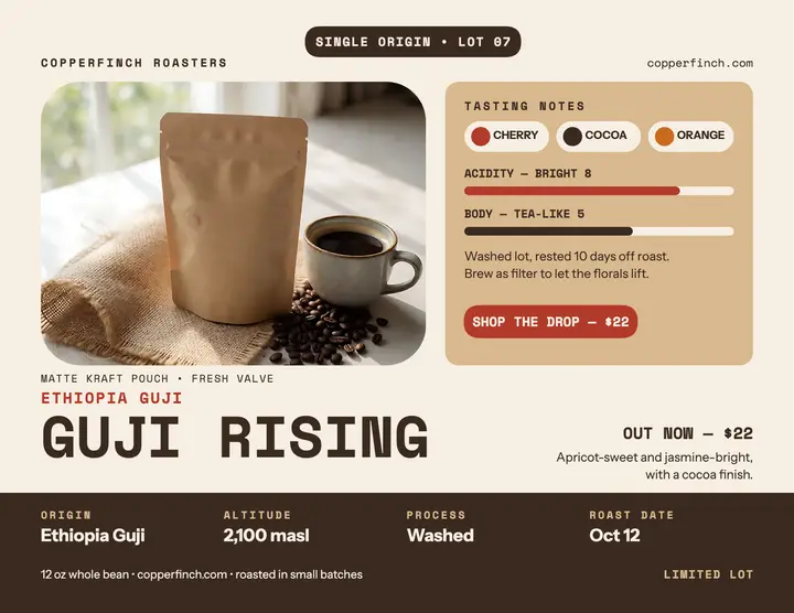 Copperfinch Ethiopia Guji launch flyer: coffee launch flyer template