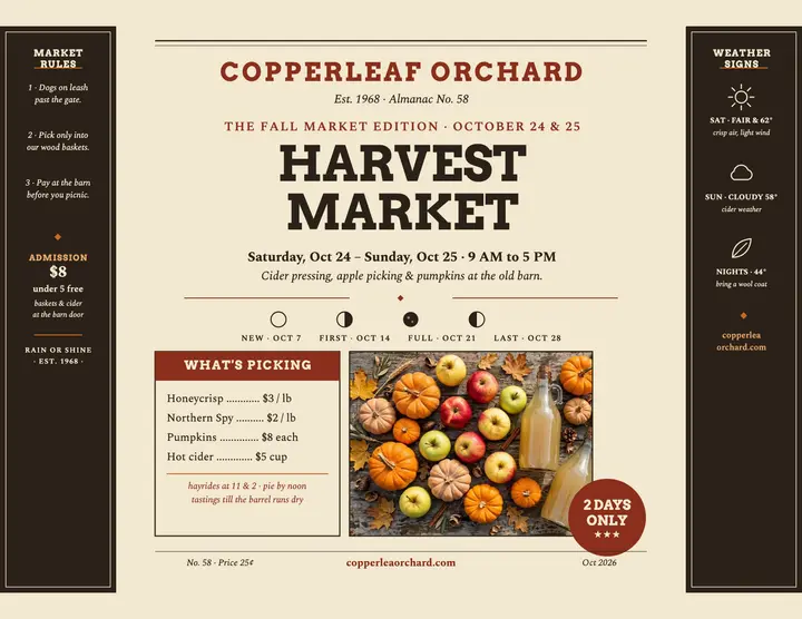 Copperleaf Orchard harvest market almanac flyer: orchard fall market flyer template