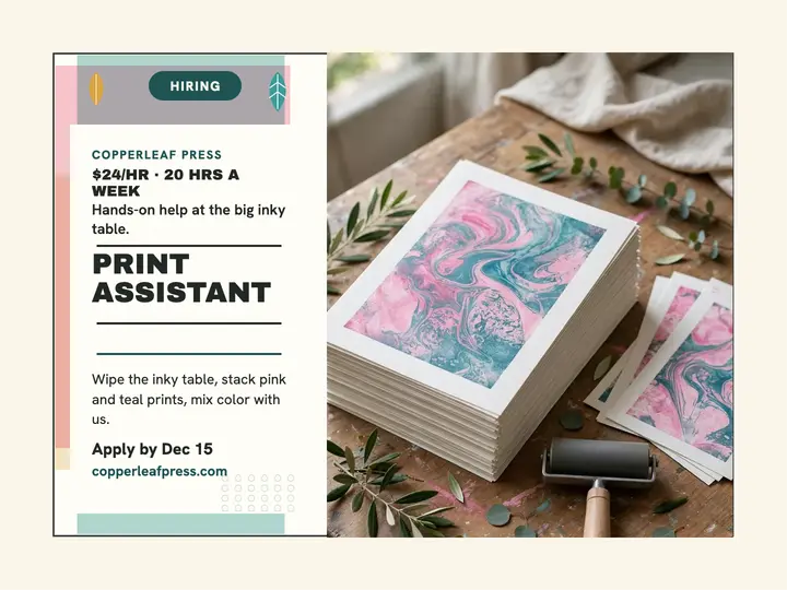 Copperleaf Press print assistant hiring slide: hiring presentation slide template