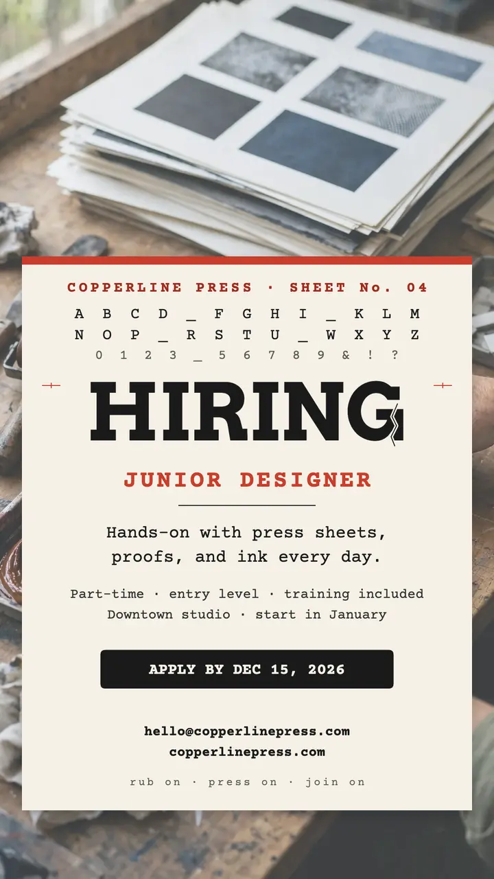 Copperline Press junior designer hiring story template