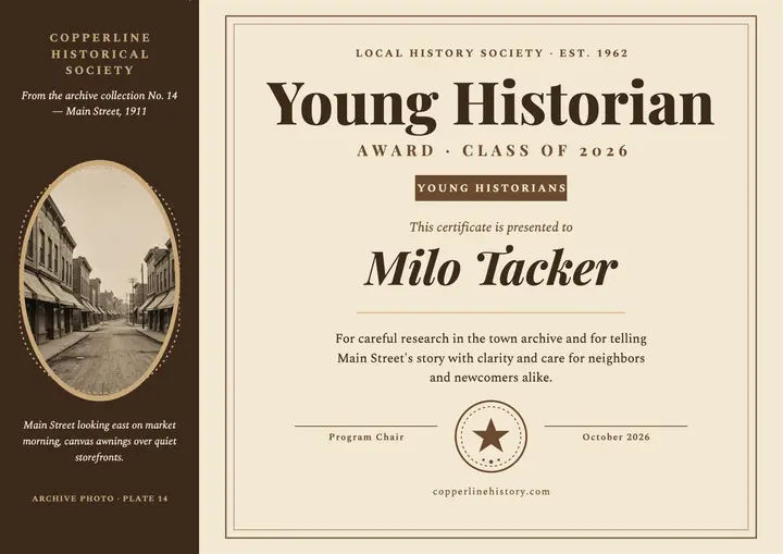 Copperline Young Historian certificate template