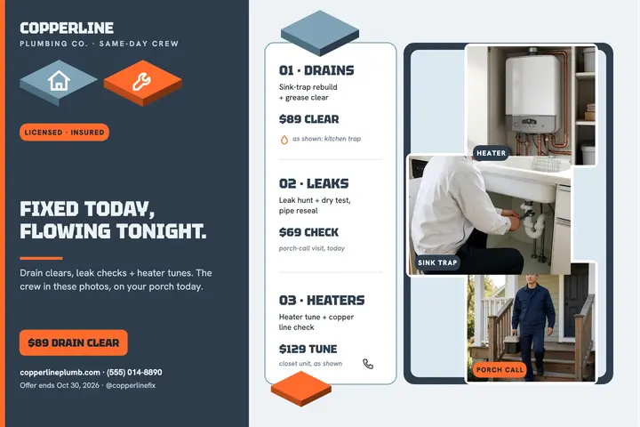 Copperline plumbing service menu postcard template