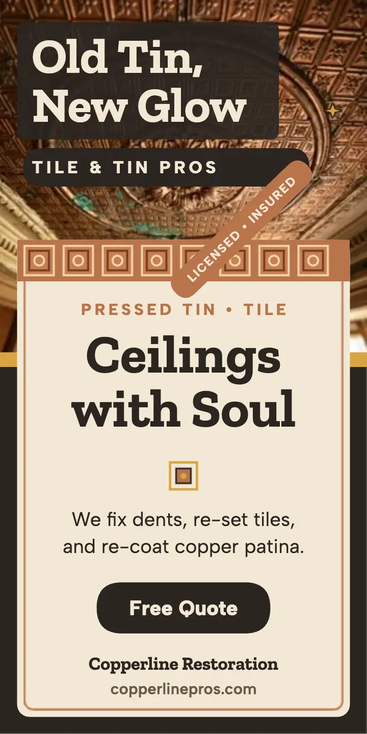 Copperline tin ceiling half page ad template