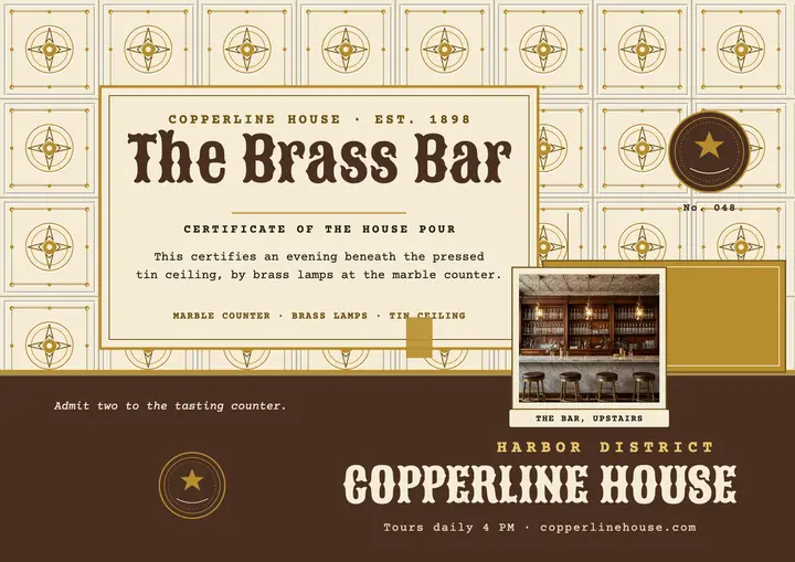 Copperline House brass bar certificate: hotel bar certificate template