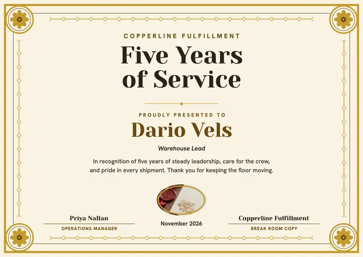 Copperline five years of service certificate template