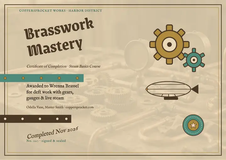 Coppersprocket maker certificate, brass steampunk: maker workshop certificate template