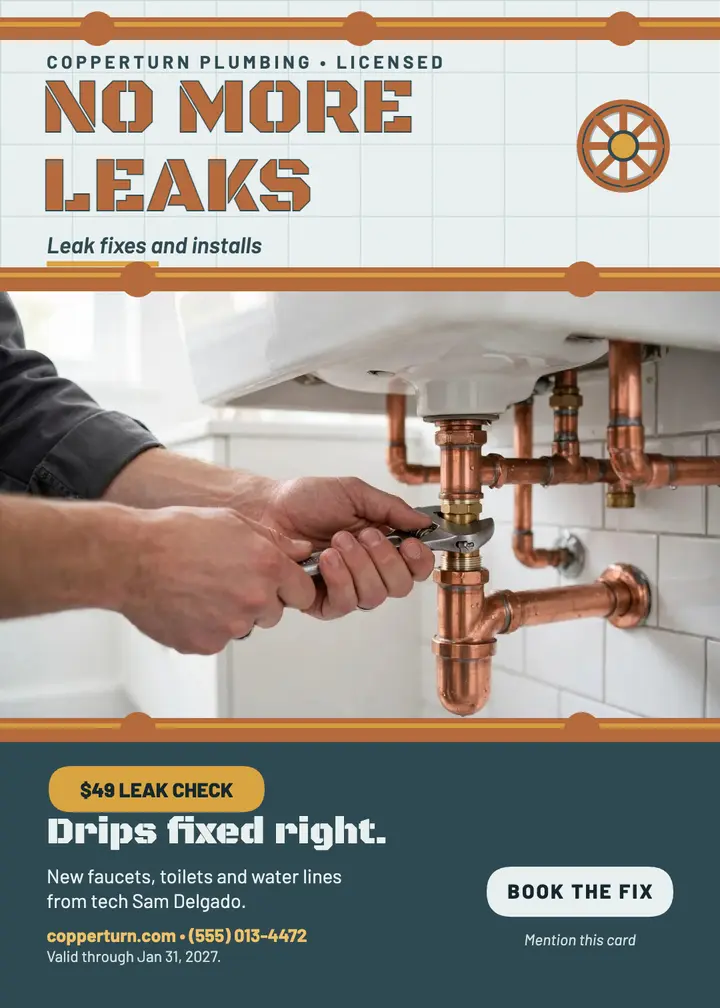 Copperturn plumber promo, leak fixes: plumber promo card template