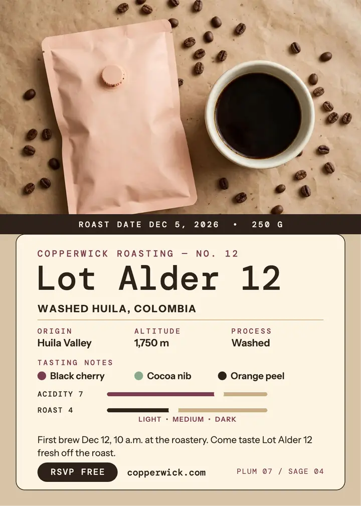 Copperwick Lot Alder 12 roast release: coffee roast release invitation template