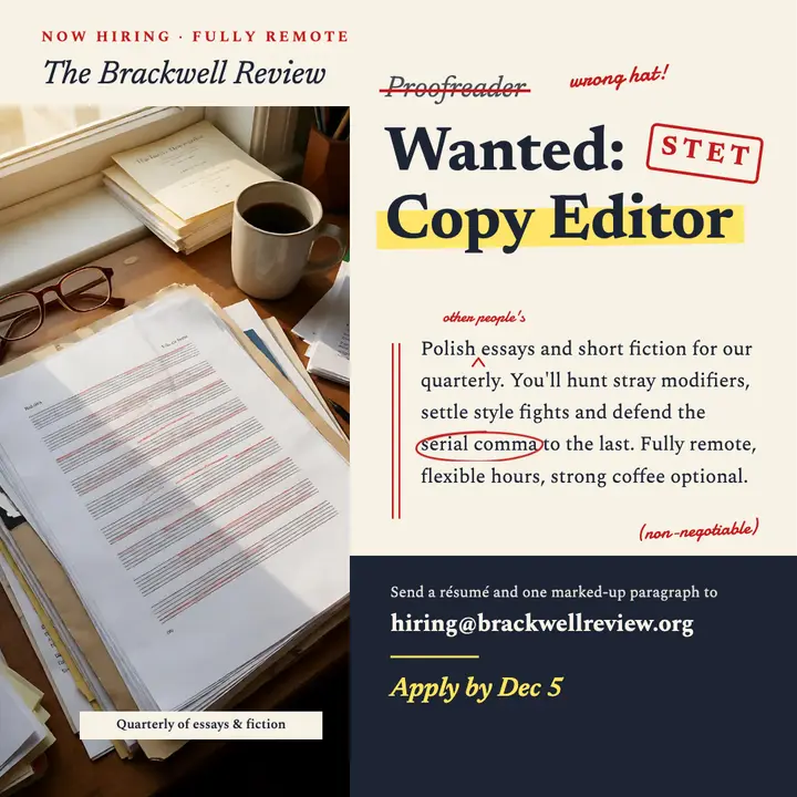 The Brackwell Review copy editor hiring post, red pen proof: copy editor hiring post template