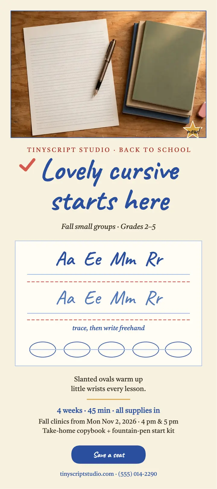 Tinyscript cursive clinic rack card: cursive tutoring rack card template