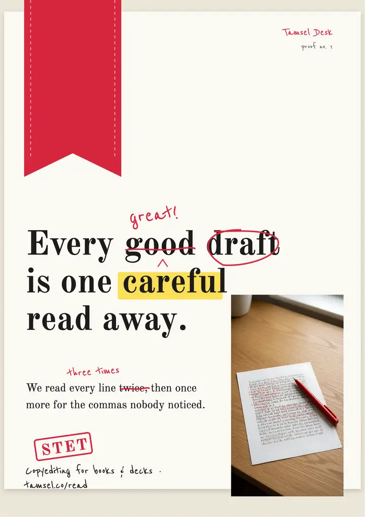 Copyediting desk red-pen proof flyer template